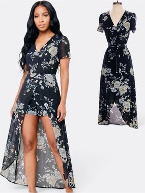 Candie's Black Floral High-Low Wrap Dress with Shorts